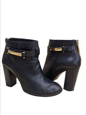 Tory Burch Black Leather Ankle Booties with Gold Plaque Women's 9